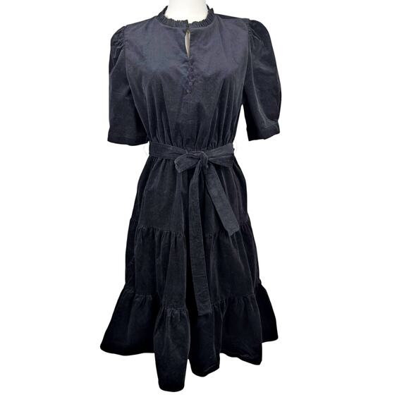 Draper James M Puff Sleeve Tiered Ruffle Neck Button Micro Corduroy Belted Dress - Picture 2 of 11